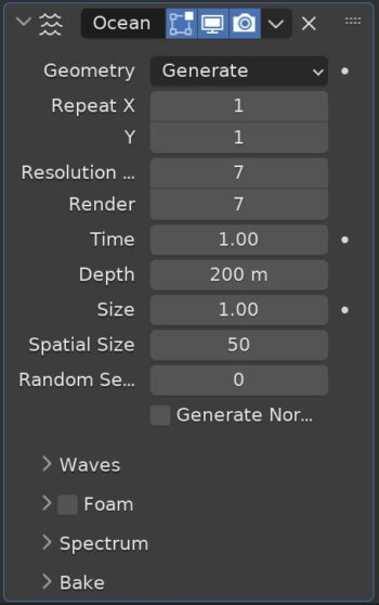 Settings for the Blender Ocean Modifier displayed in the properties panel. 