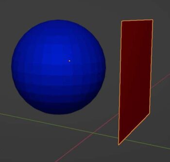 A blue sphere and red plane placed near each other in the Blender 3D viewport.