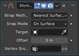 The Blender shrinkwrap modifier settings displayed in the modifier properties panel of Blender's user interface. 