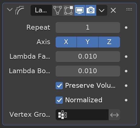 The Smooth Laplacian Modifier settings displayed in the Modifier Properties Panel of Blender. 