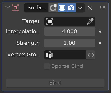 The Blender Surface Deform Modifier settings shown in the modifier properties panel. 