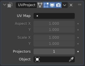 The UV Project Modifier Settings in the modifier properties panel of Blender. 