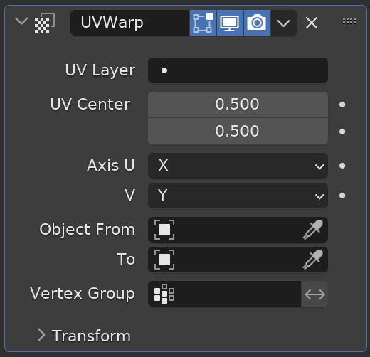 The UV Warp Modifier settings in the properties panel of Blender. 