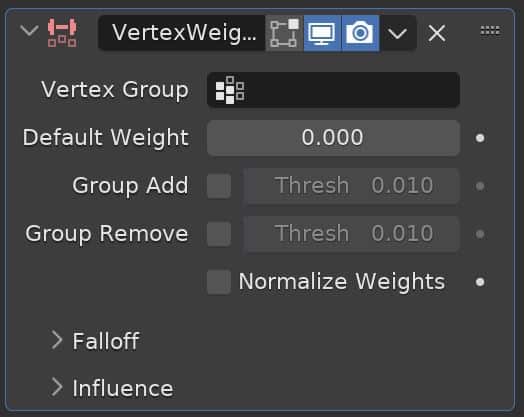 The Vertex Weight Edit Modifier in the Blender modifier properties tab. 