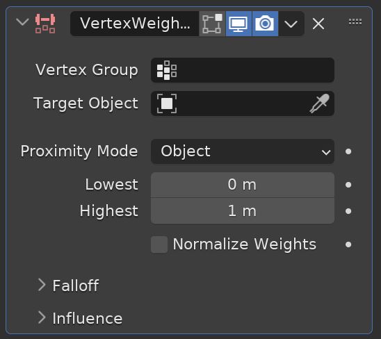 The Vertex Weight Proximity Modifier settings in the Blender properties panel. 