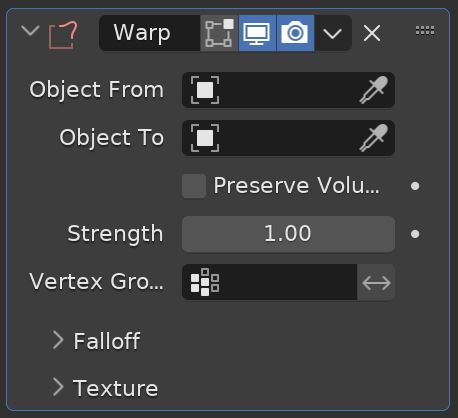 The Blender warp modifier settings in the modifier properties settings. 