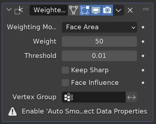 The weighted normal modifier settings in the modifier properties panel of Blender 3D. 