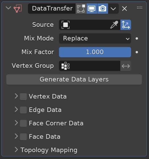 Blender's data transfer modifier controls are displayed.