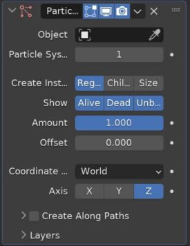 Settings for the Blender Particle Instance Modifier displayed in the properties panel. 