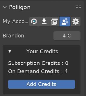 The account details are displayed in the Poliigon addon controls.