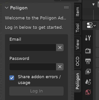 A box to sign in to a Poliigon account is available in the Blender sidebar. 