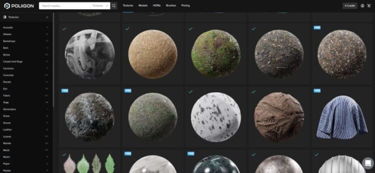 The home screen of Poliigon.com displays 3D PBR materials for download. 