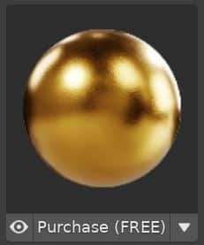 A gold metal PBR material is previewed on a sphere.