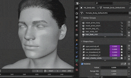 A shape key in Blender is applied to a human face to make it smile.