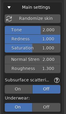 Main settings for skin in the Human Generator add-on for Blender. 