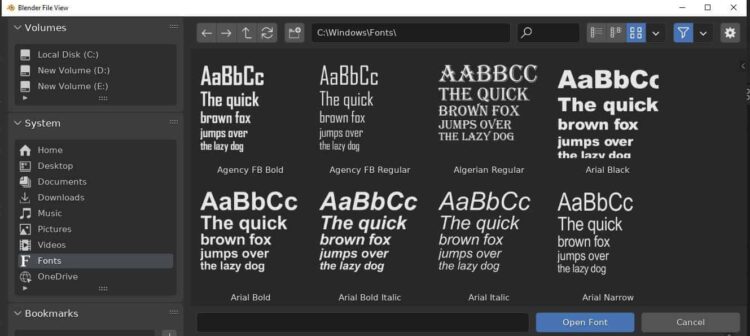 Blender file browser displays font preview images for 3D text in Blender. 