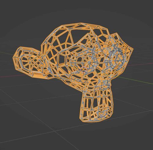 The wireframe modifier applied to a suzanne monkey in Blender.