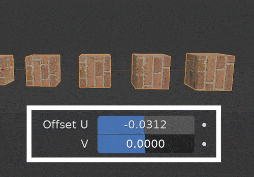 Several arrayed cubes with a brick texture are displayed. The "V" value of the offset is increased demonstrating the movement of the brick texture. 