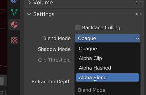 In the materials properties panel, the blend mode drop-down box is shown with "alpha blend" highlighted. 