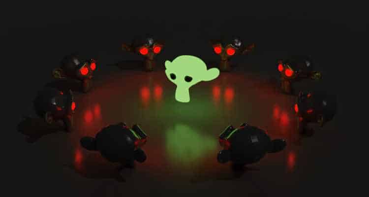 In this Blender scene, a Suzanne monkey object has a green emissive material while other objects display red glowing eyes.