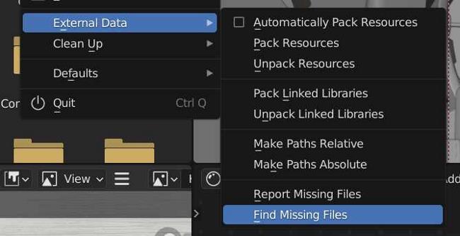 Under the File menu, "external data" is expanded and the "find missing files" option is highlighted. 