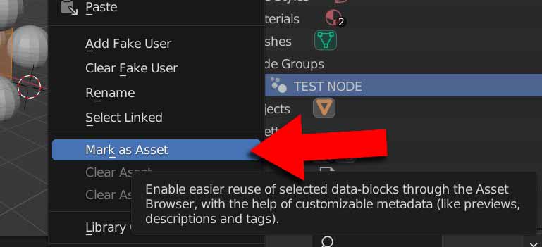 After right clicking on a test node group, the "Mark as Asset" option is highlighted in a context menu. 