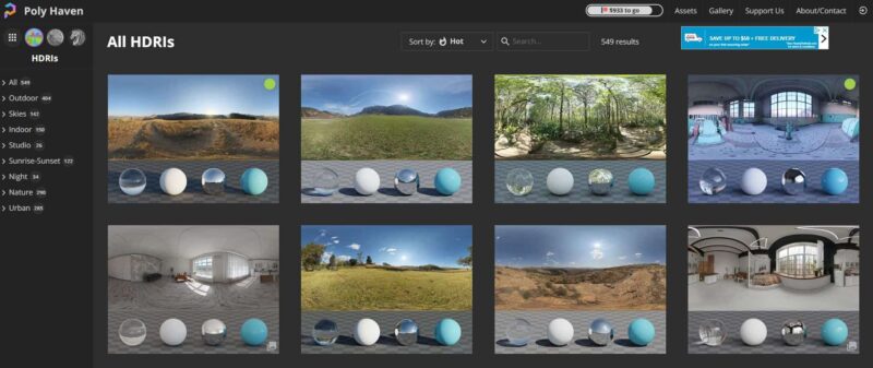 Eight free HDRI images are shown from the Poly Haven website. 