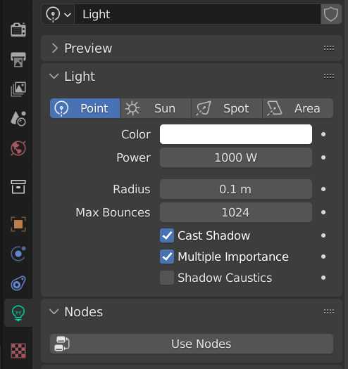 The default point lamp settings for Cycles are displayed in the Blender light properties panel. 