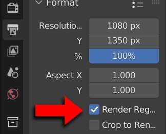 The "render region" checkbox is highlighted in the output properties panel. 