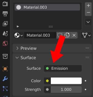 In the Blender material properties panel, an emissive shader has been added as a new material. 
