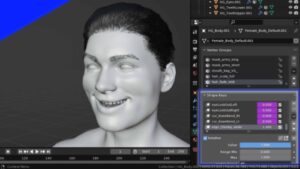 A human 3D model with shape keys applied to give a smiling facial expression.