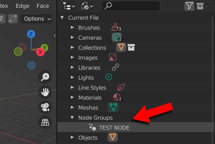 A test geometry node is highlighted under the "node groups" category in the Blender Outliner.