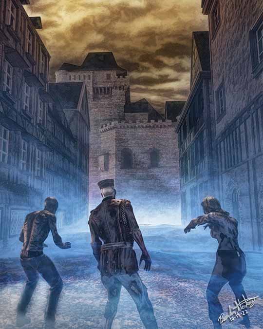 Three zombie soldiers walk through an old village in the fog.