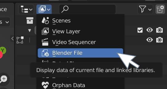 In the Blender Outliner, the display type is changed to "Blender File" so all data blocks within the .blend file can be viewed. 