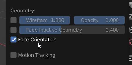 The face orientation toggle is highlighted in Blender's solid view settings found in the 3D viewport. 