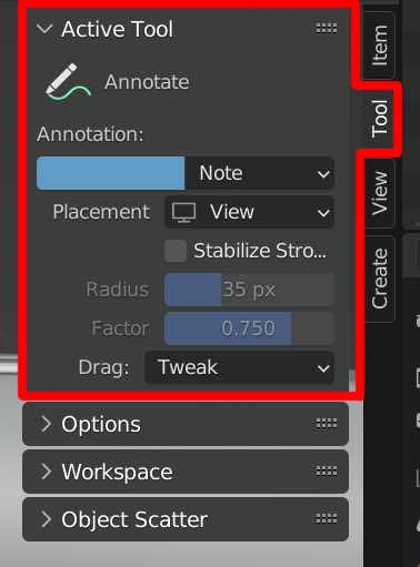 The active tool settings in the sidebar dispaly the annotate tool settings. 
