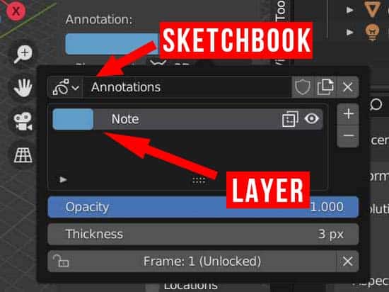 The sketchbook and layer data-block panel for the Blender annotate tool located in the sidebar. 