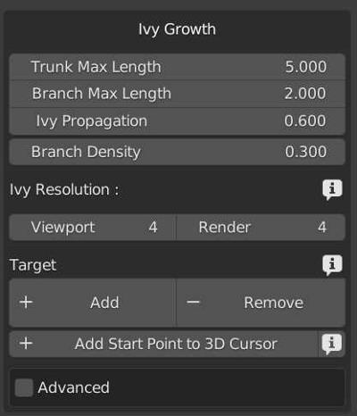 The Ivy Growth settings are displayed and include trunk, branch, resolution and target settings.
