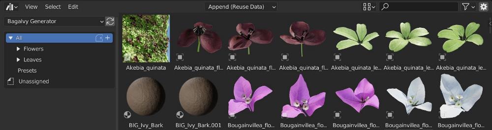 Leaves, flowers, materials and presets are displayed in the Blender asset browser. 