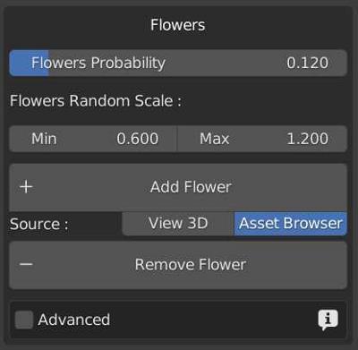 The Baga Ivy flower settings are displayed including flower probability, scale and the options to add or remove flowers from the ivy. 
