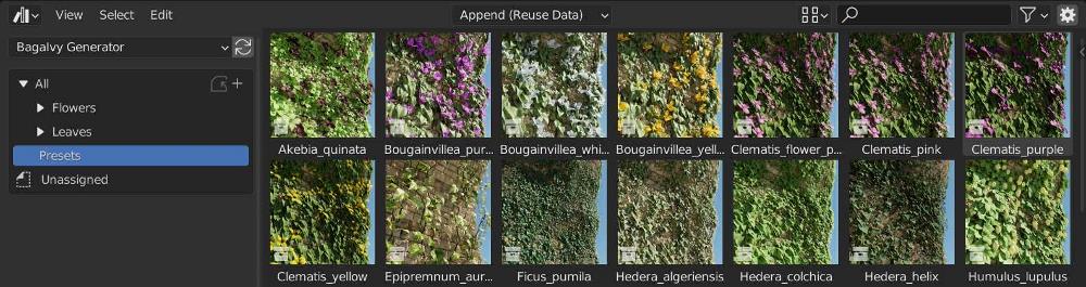 Baga Ivy presets are displayed in the Blender asset browser. 
