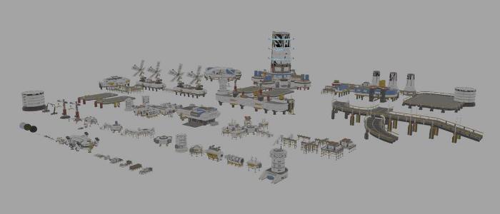 The Mission to Minerva kit assets from KitBash 3D shown in the Blender 3D viewport. 