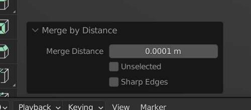 The operator panel for "Merge by Distance" shows a box to type in a distance to merge vertices by. 