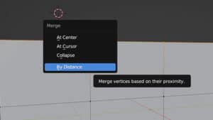 The merge vertices context menu is displayed in the Blender 3D viewport.