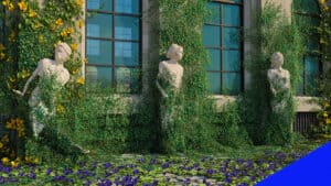 Statues surrounded by ivy in a Blender 3D scene