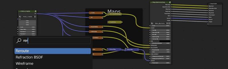 In the shader editor, a PBR material nodetree is displayed and in the search menu a reroute node is selected. 