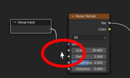 A group input node is connecting to a noise texture scale input to create a custom node group in Blender. 