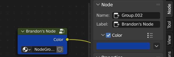 A custom node group is colored blue and the node settings tab is shown in the Blender sidebar. 
