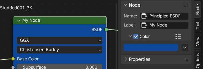 The node color of a Principled BSDF shade has been changed to blue. 