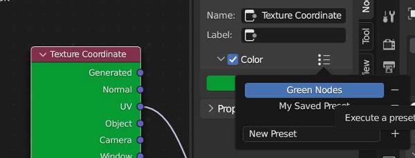 The preset box for node colors is displayed and "Green Nodes" is selected which makes the node appear green. 